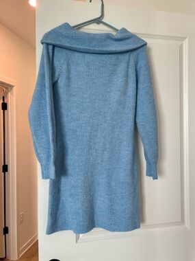 H&M Light Blue Ribbed Off-Shoulder Sweater Dress